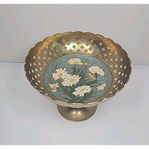 Vintage Brass Pedestal Bowl/ Dish With Painted Flowers By Penco Industries